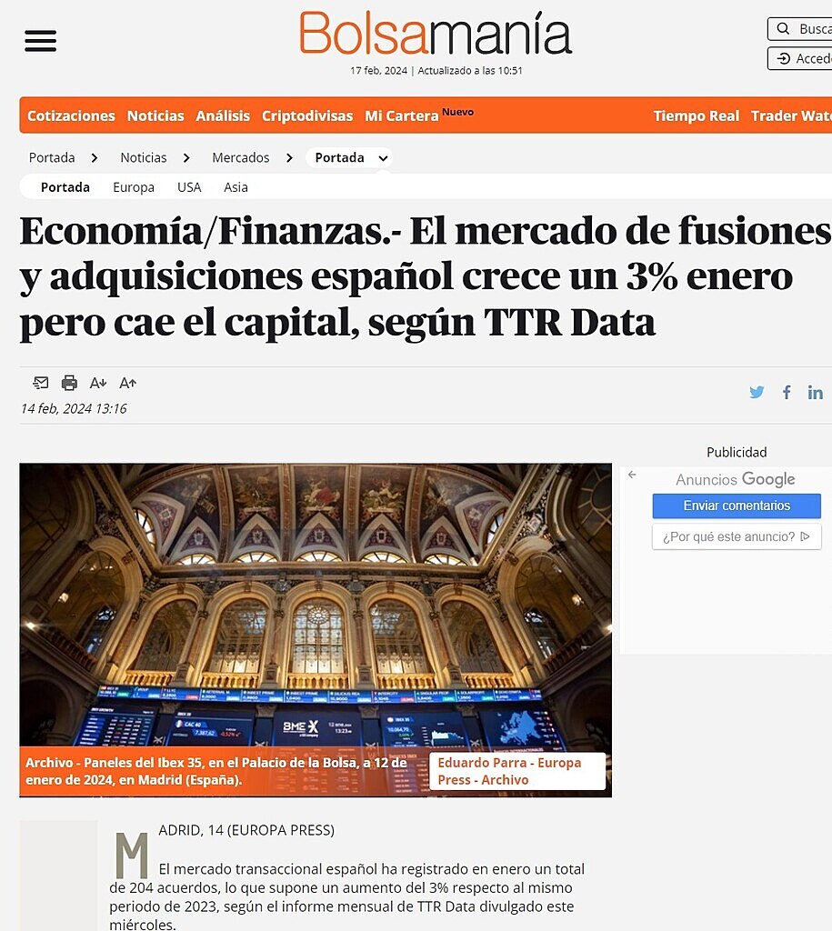 Economía/Finanzas.- El mercado de fusiones y adquisiciones español crece un 3% enero pero cae el capital, según TTR Data